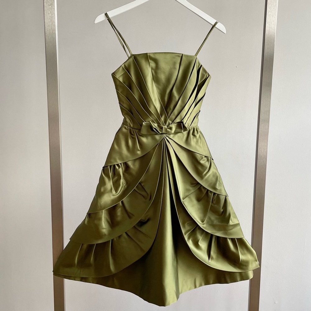 1950s Vintage Green Satin Petal Cocktail Dress
